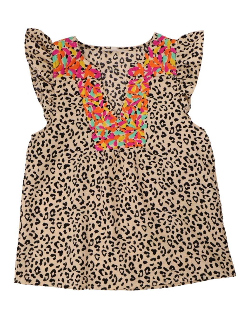THML Leopard Print Embroidered Blouse XS Colorful Flutter Sleeve Boho Top